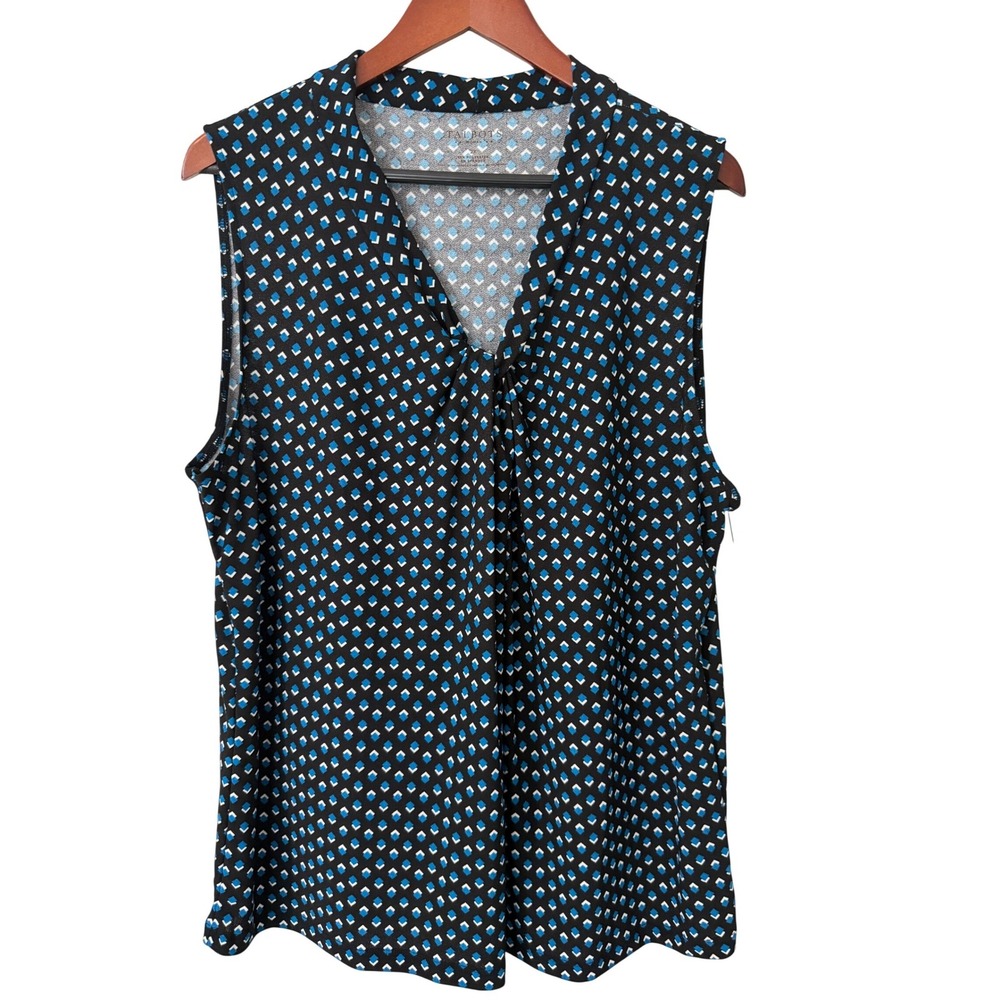 Talbots Woman 2X Sleeveless Geometric Print Tie Neck Blouse Blue Black NEW